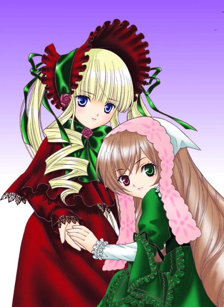 2girls blonde_hair blue_eyes bonnet bow dress drill_hair flower frills heterochromia image long_hair long_sleeves looking_at_viewer looking_back multiple_girls pair red_eyes shinku suiseiseki twintails very_long_hair