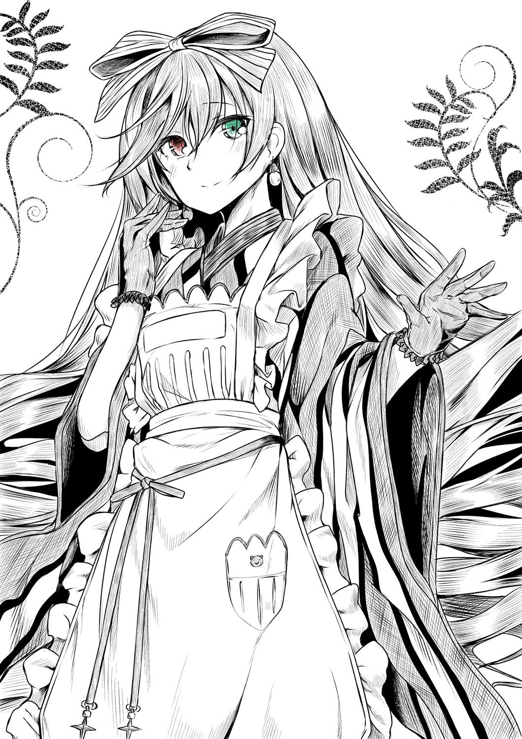 1girl apron bangs closed_mouth frilled_apron frills greyscale hair_ribbon heterochromia image japanese_clothes jewelry kimono long_hair looking_at_viewer maid_apron monochrome red_eyes ribbon smile solo spot_color suiseiseki