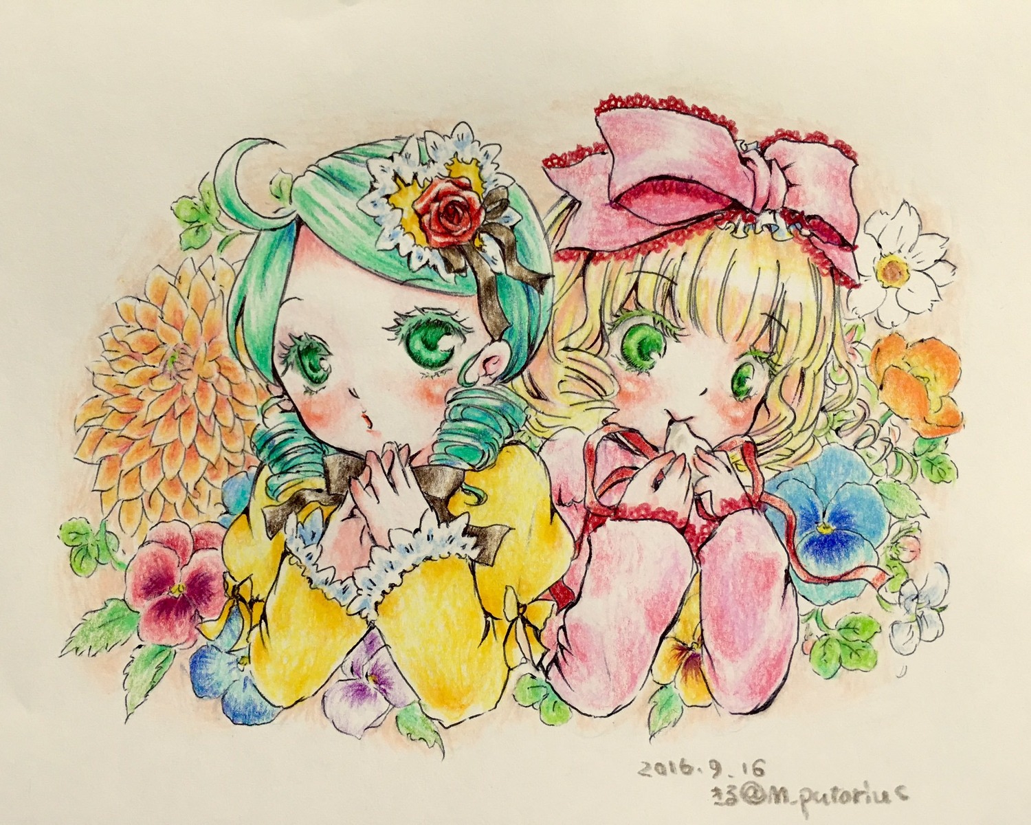 2girls blonde_hair blush bow colored_pencil_(medium) drill_hair flower green_eyes green_hair hair_bow hair_ornament hina_ichigo hinaichigo image kanaria long_sleeves looking_at_viewer multiple_girls pair pink_bow short_hair siblings traditional_media watercolor_(medium)