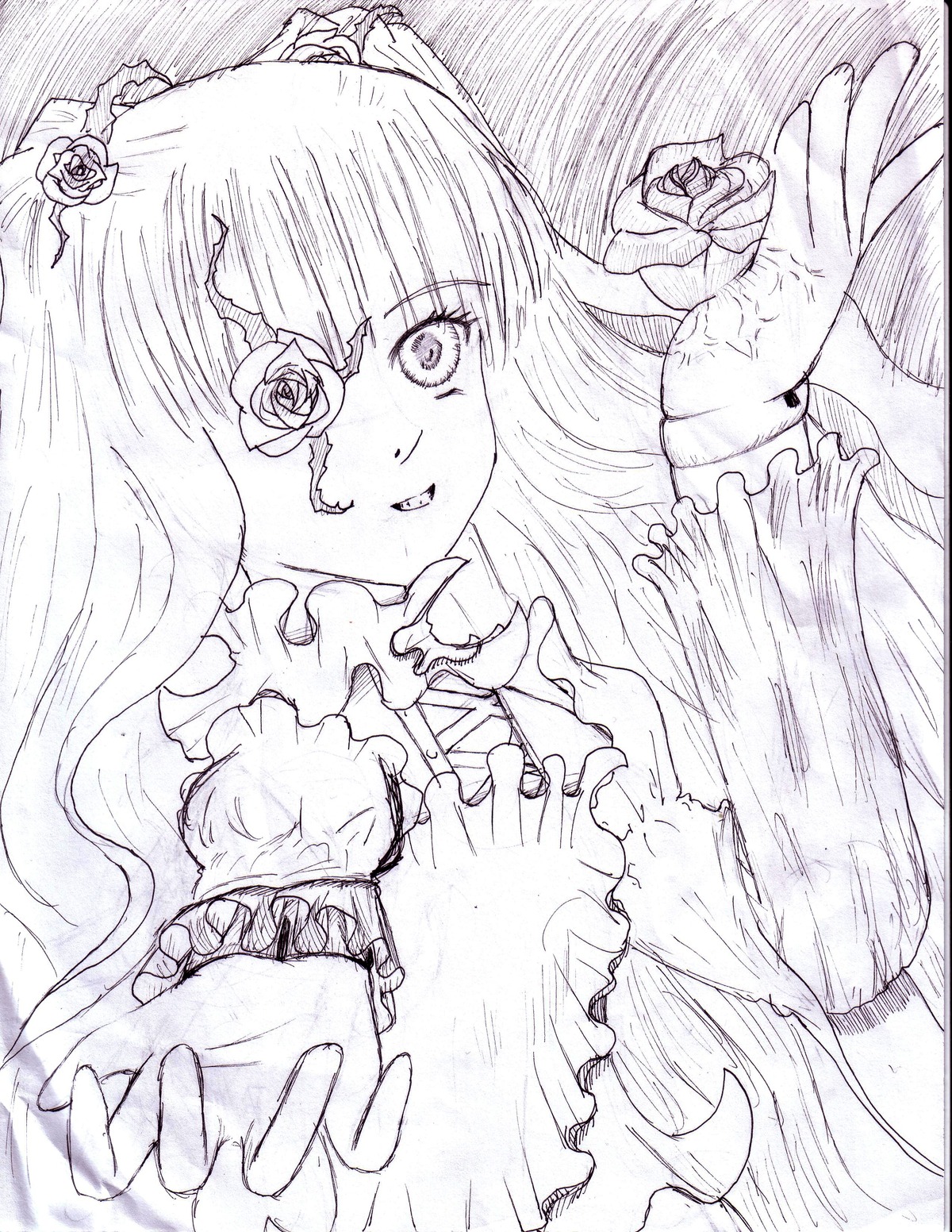 1girl eyepatch flower hair_flower hair_ornament image kirakishou long_hair monochrome rose smile solo traditional_media