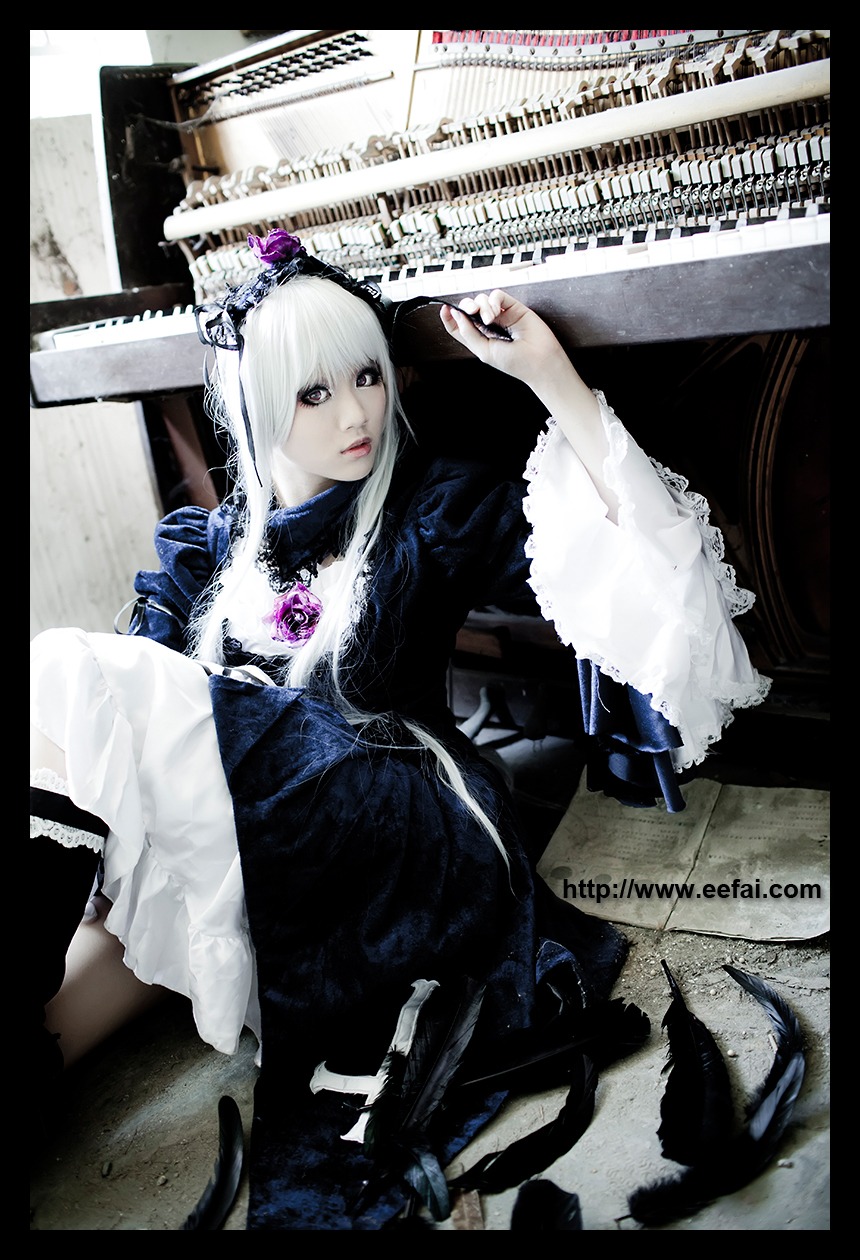 1girl dress frills long_hair nail_polish photo solo suigintou white_hair