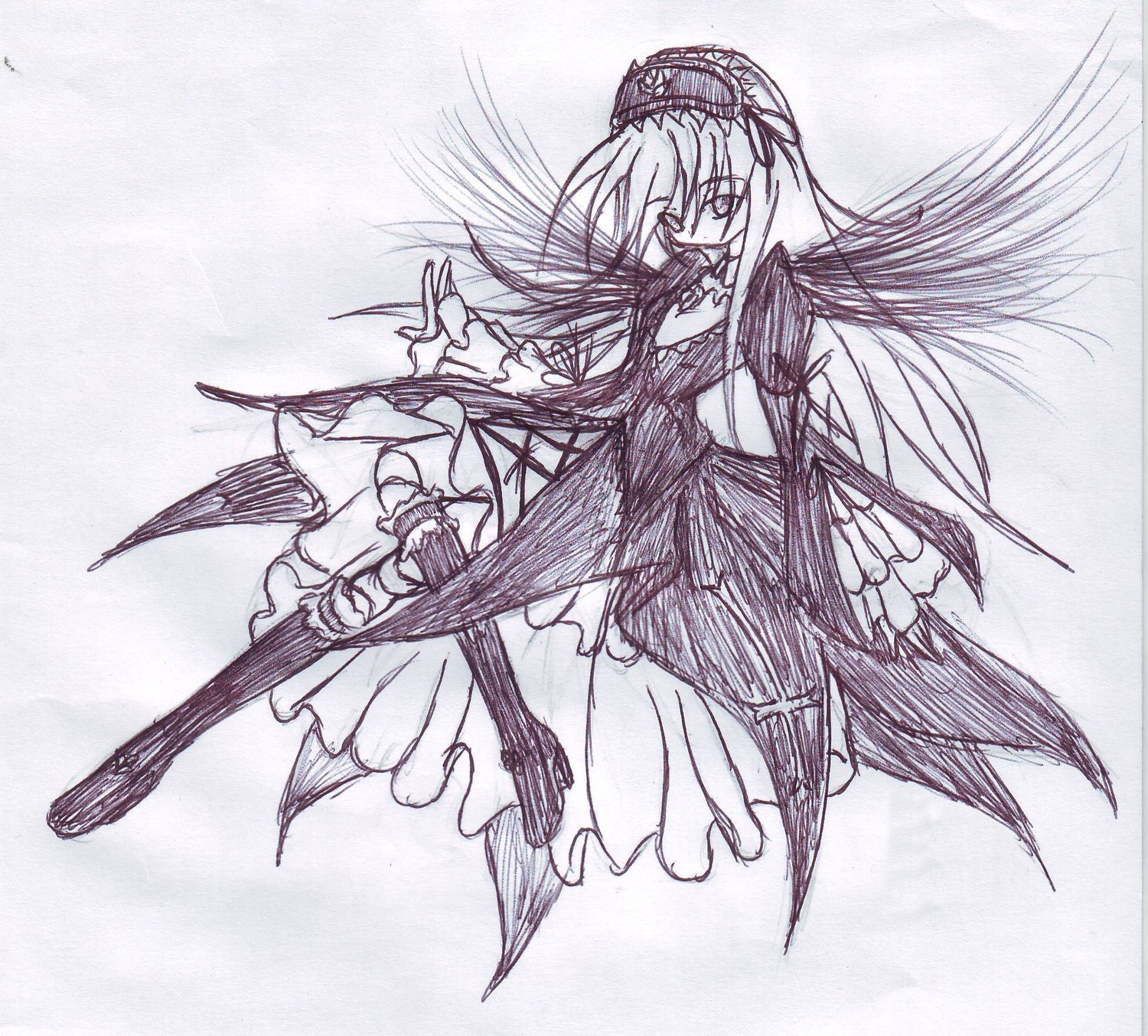 2girls akemi_homura argyle argyle_legwear black_wings bow_(weapon) dress feathered_wings gloves greyscale hair_ribbon image long_hair magical_girl monochrome multiple_girls ribbon simple_background solo suigintou traditional_media white_background wings