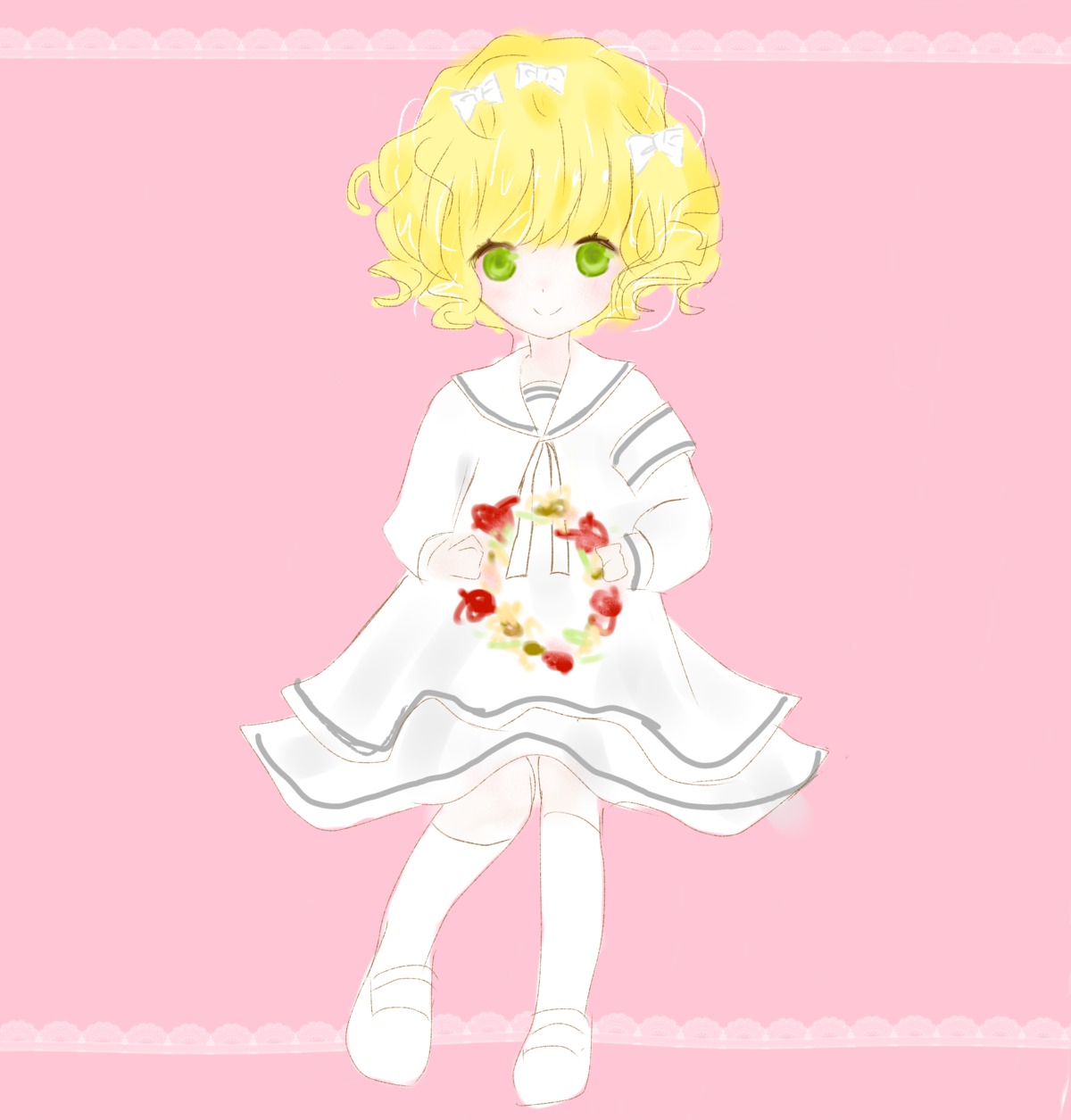 1girl blonde_hair blush bouquet bow cake dress flower food fruit full_body green_eyes hair_bow hinaichigo image long_sleeves pink_background sailor_collar short_hair smile solo strawberry striped