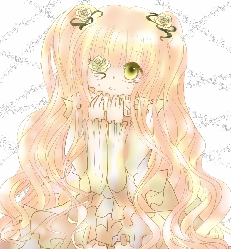 1girl blonde_hair dress flower frills gradient_hair hair_flower hair_ornament image kirakishou long_hair pink_hair rose solo tears thorns very_long_hair yellow_rose