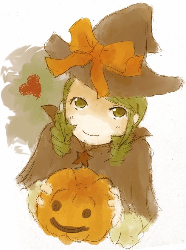 1girl blush bow green_eyes green_hair halloween hat heart image kanaria pumpkin smile solo striped upper_body witch_hat
