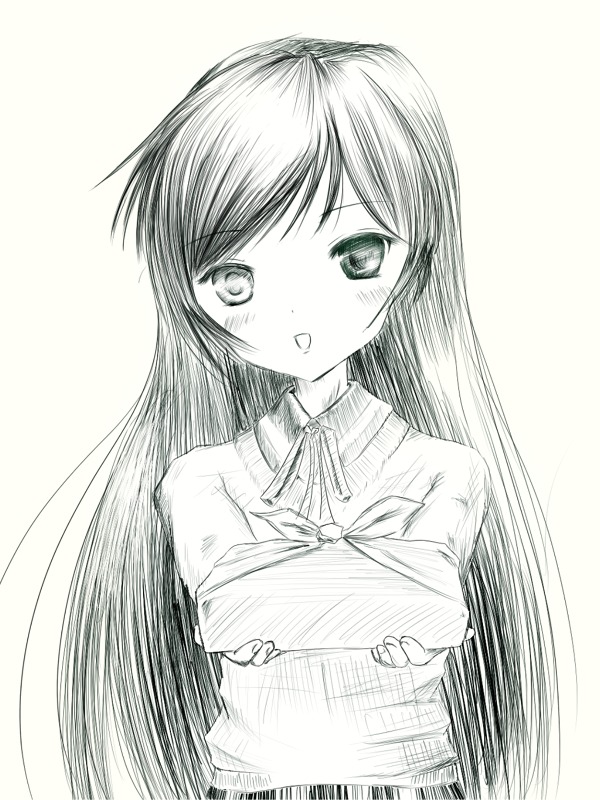 1girl bangs blush crossed_arms eyebrows_visible_through_hair greyscale image long_hair long_sleeves looking_at_viewer monochrome open_mouth ribbon simple_background skirt solo striped suiseiseki sweater upper_body very_long_hair