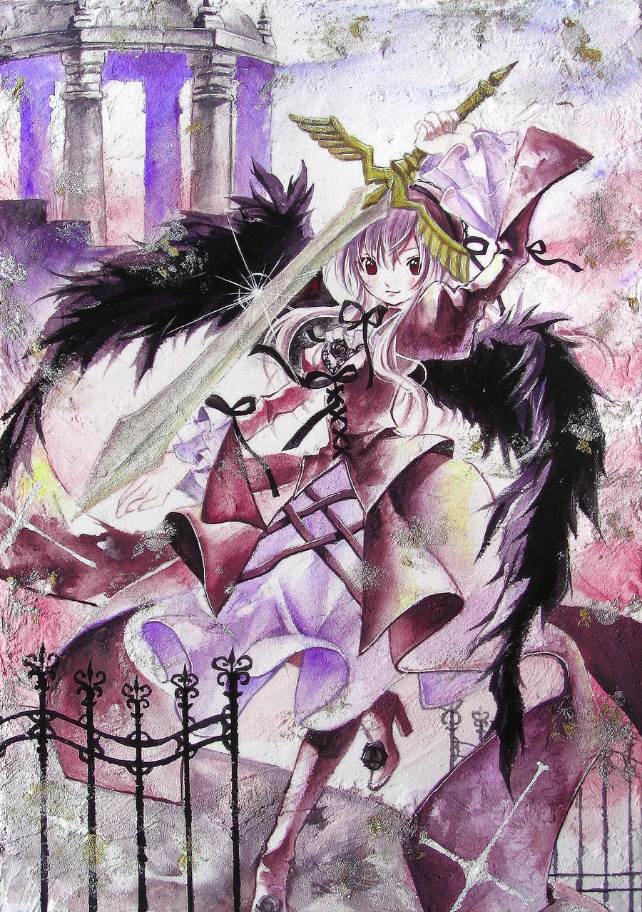 1girl dress hat image mystia_lorelei pink_hair red_eyes smile solo suigintou traditional_media wings