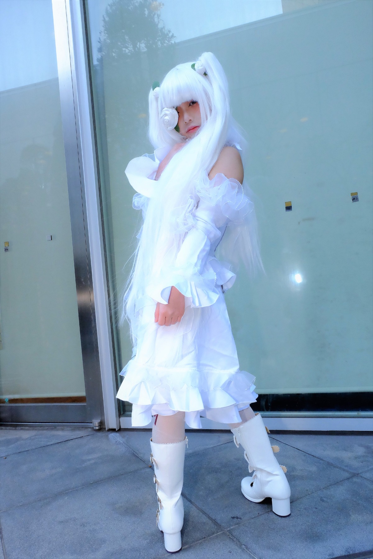 1girl bare_shoulders boots dress full_body gloves kirakishou long_hair paws solo standing twintails white_dress white_footwear white_hair