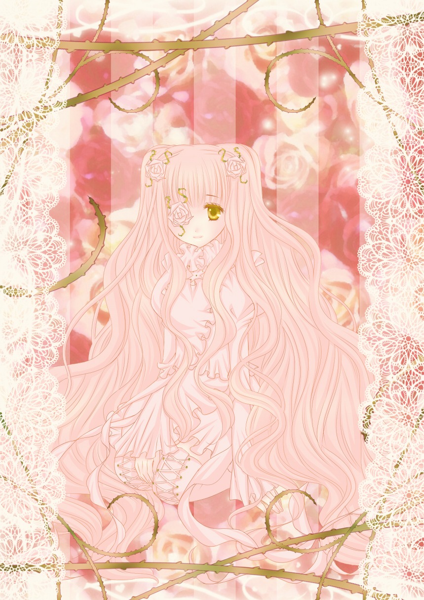 1girl dress flower frills hair_flower hair_ornament image kirakishou long_hair pink_hair pink_theme plant solo two_side_up very_long_hair vines white_dress yellow_eyes