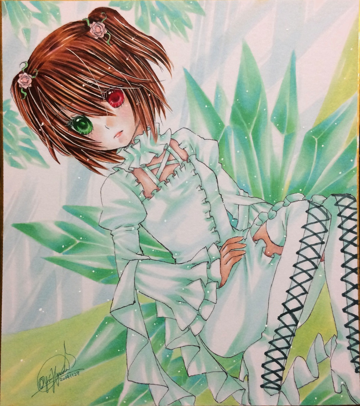 1girl boots brown_hair costume_switch cross-laced_footwear dress flower frills hair_flower hair_ornament heterochromia image long_sleeves marker_(medium) red_eyes rose short_hair signature sitting solo thighhighs traditional_media