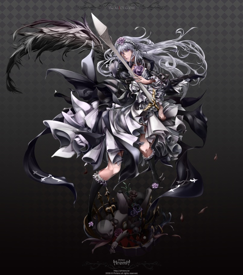 1girl argyle argyle_background argyle_legwear board_game boots checkered checkered_background checkered_floor checkered_kimono chess_piece dress feathers flower hairband image long_hair petals rose solo suigintou tile_floor tiles weapon wings