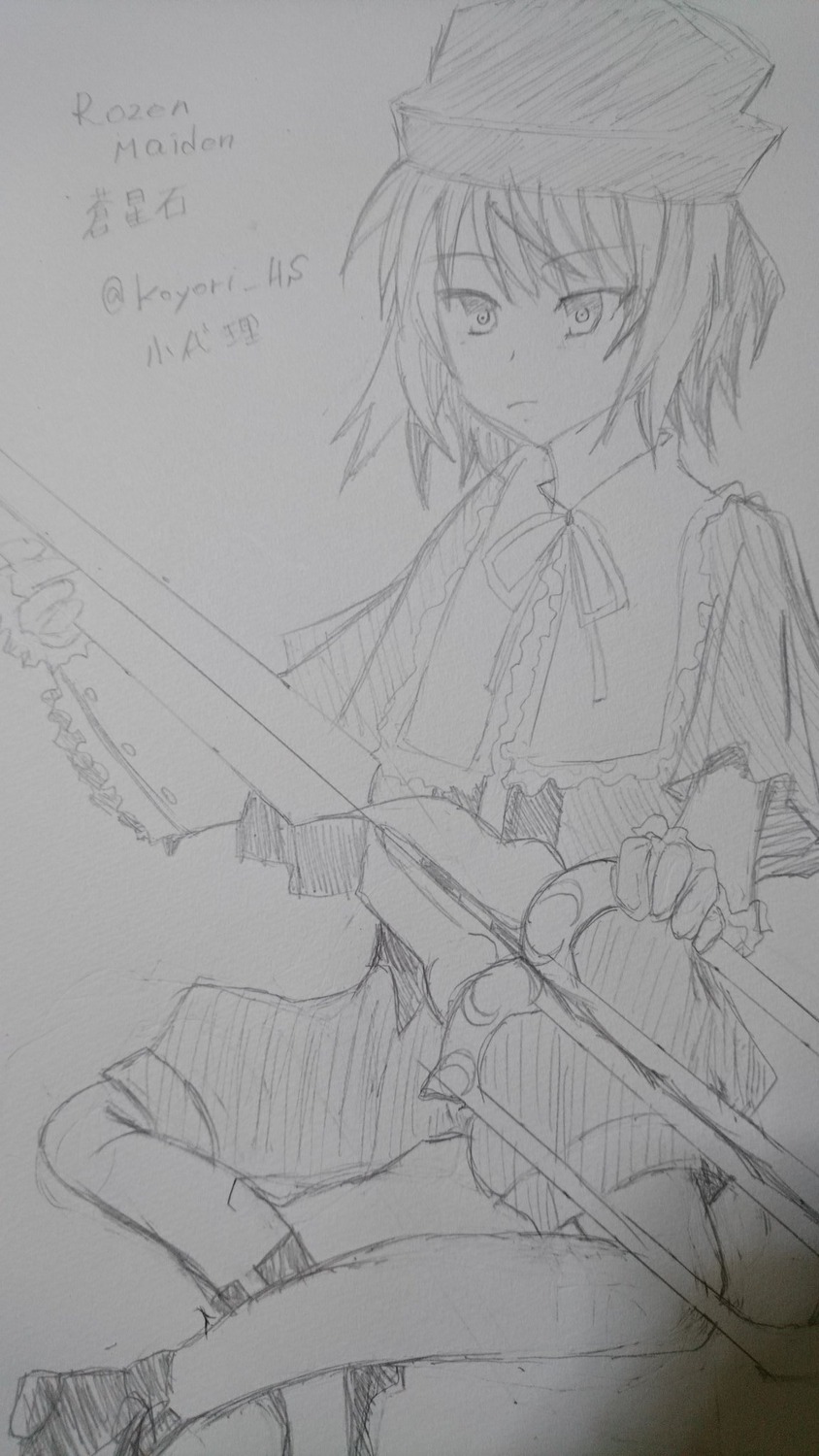 1girl dated greyscale hat image monochrome short_hair solo souseiseki traditional_media weapon