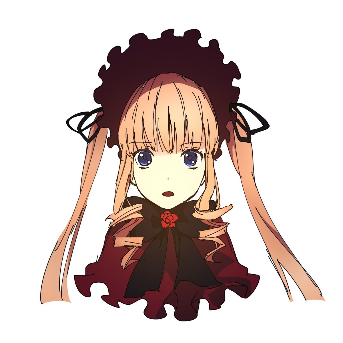 1girl bangs black_ribbon blonde_hair blue_eyes bonnet bow bowtie drill_hair image long_hair looking_at_viewer open_mouth ribbon shinku simple_background solo twin_drills twintails white_background