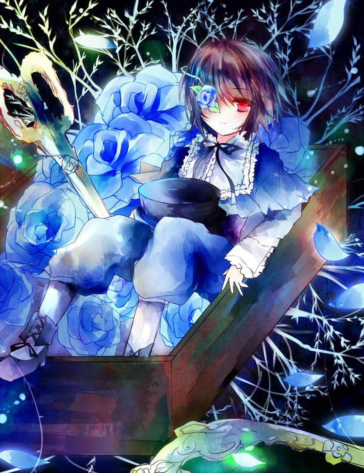 1girl blue_flower blue_rose box brown_hair colorful commentary_request costume_switch dress eyepatch flower image in_container kazu_(muchuukai) oversized_object pantyhose red_eyes ribbon rose rozen_maiden scissors short_hair sitting solo souseiseki