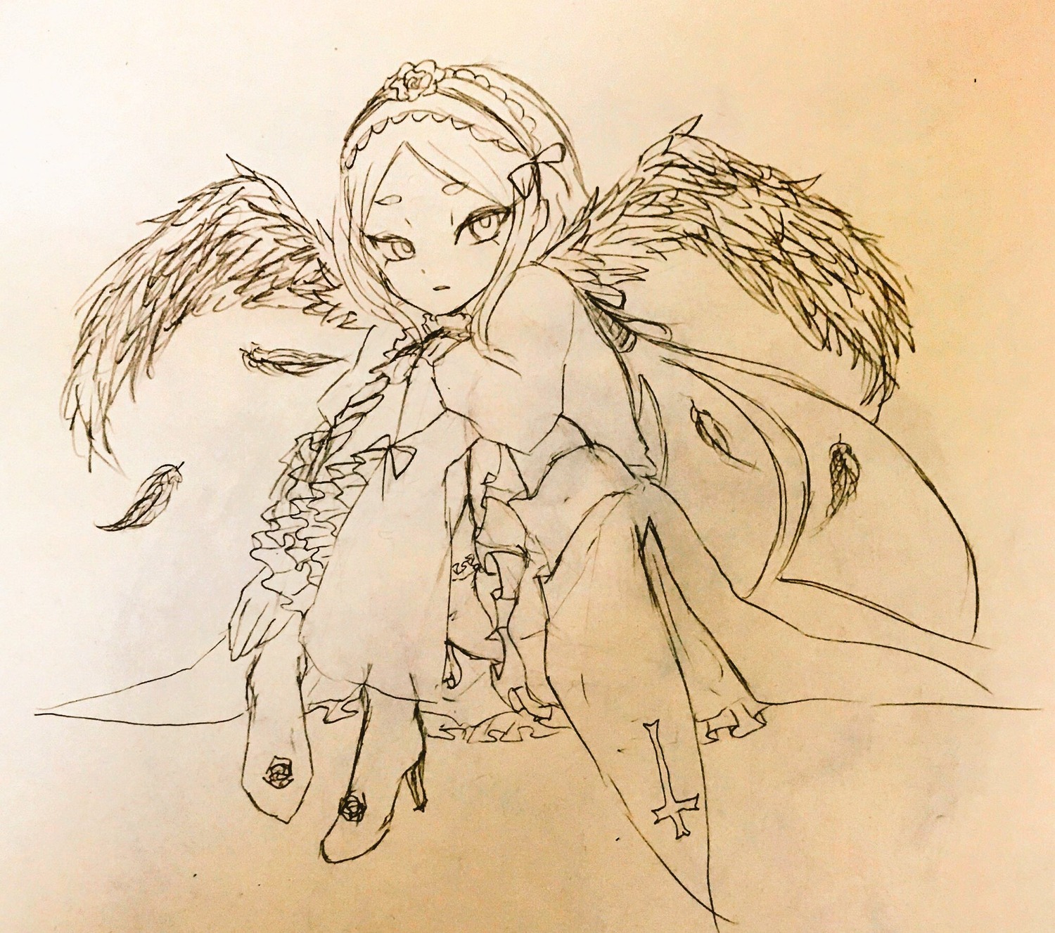 1girl angel_wings dress feathered_wings feathers frills full_body image long_sleeves looking_at_viewer monochrome short_hair sleeves_past_wrists solo suigintou traditional_media white_wings wings