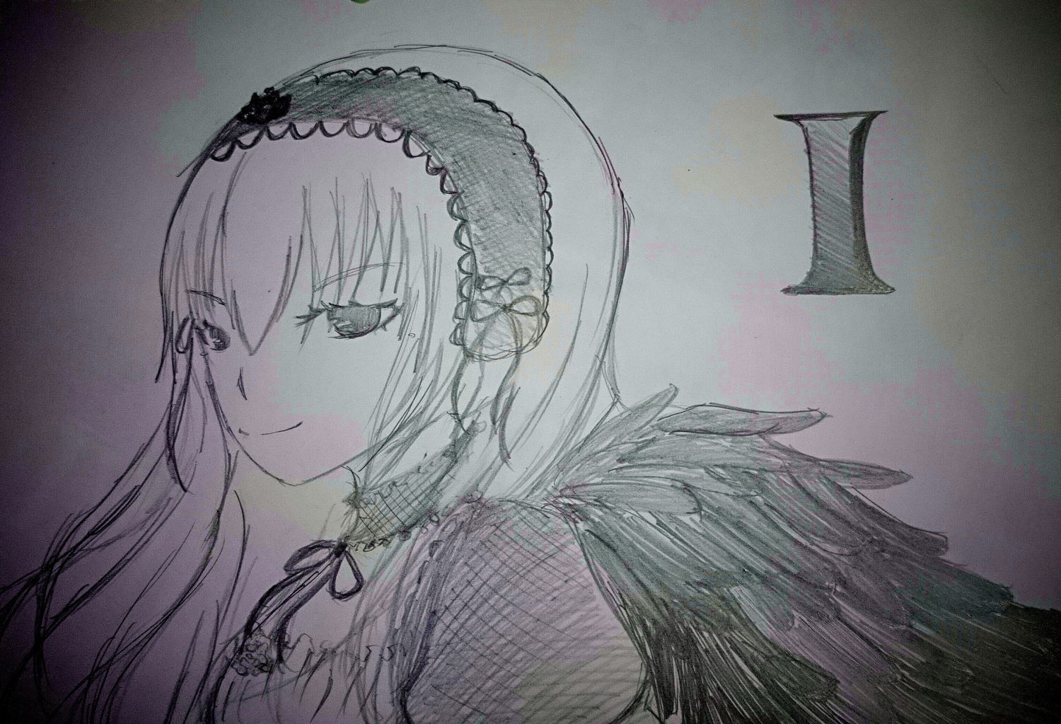 1girl auto_tagged bangs black_wings closed_mouth eyebrows_visible_through_hair feathered_wings frills hairband image long_hair looking_at_viewer monochrome ribbon smile solo suigintou traditional_media upper_body wings