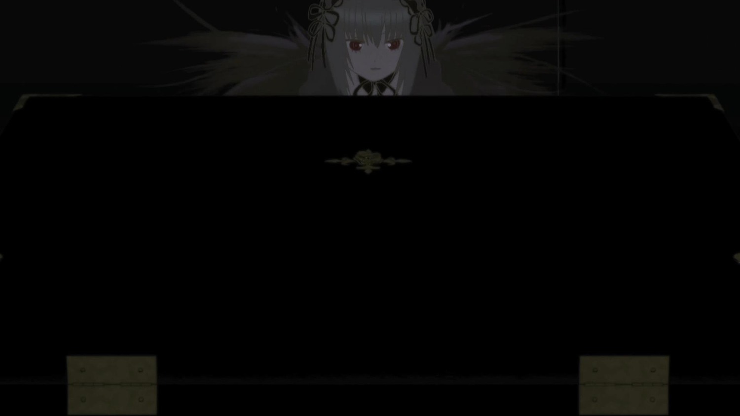 1girl auto_tagged bangs black_background black_wings closed_mouth dress eyebrows_visible_through_hair feathered_wings flower hair_between_eyes hair_ribbon image long_hair looking_at_viewer red_eyes ribbon solo suigintou very_long_hair virtual_youtuber wings