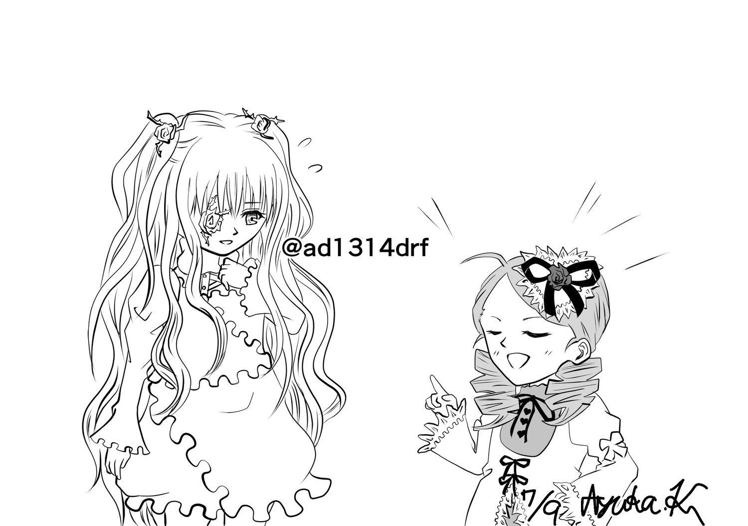 2girls :d ahoge closed_eyes dress greyscale hair_ornament image kanaria kirakishou long_hair monochrome multiple_girls open_mouth pair smile striped