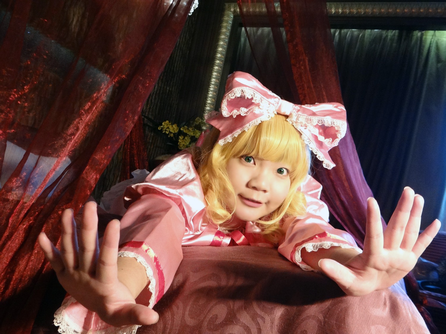 1girl blonde_hair bow curtains hair_bow hands hinaichigo lips looking_at_viewer outstretched_hand realistic solo