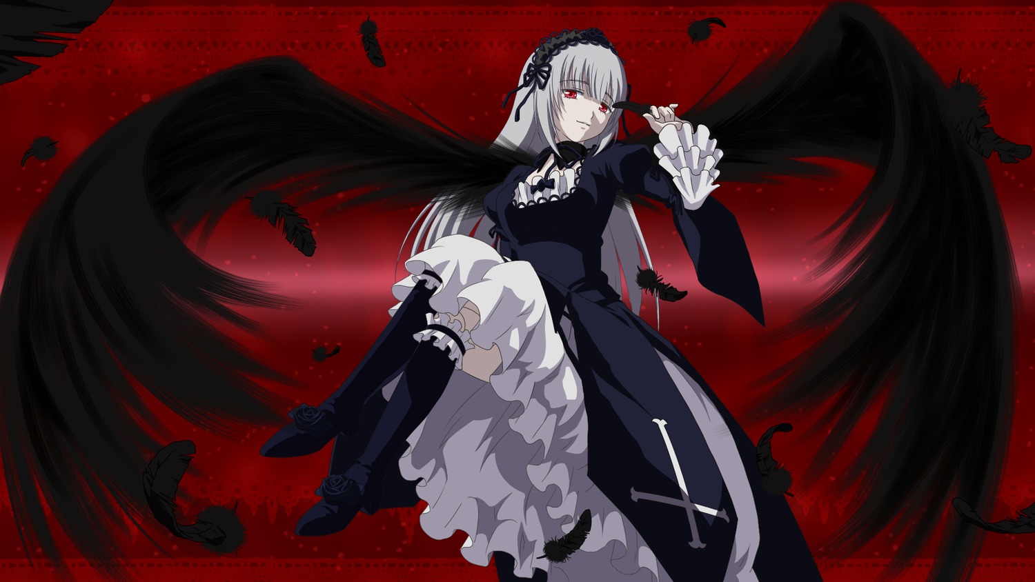 1girl black_wings boots dress feathered_wings feathers frills hairband image lolita_fashion long_hair long_sleeves red_background red_eyes rose silver_hair solo suigintou wings