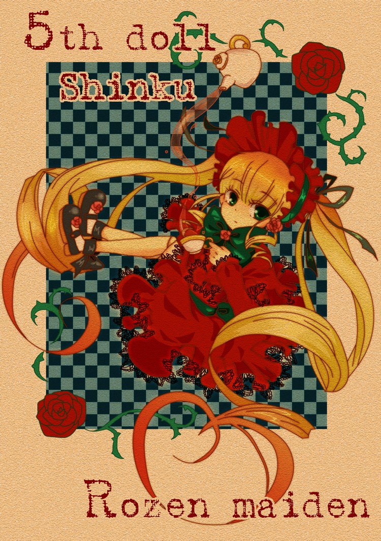 1girl argyle argyle_background argyle_legwear blonde_hair bonnet checkered checkered_background checkered_floor dress flower frills image long_hair pink_rose red_dress red_flower red_rose rose shinku solo twintails very_long_hair