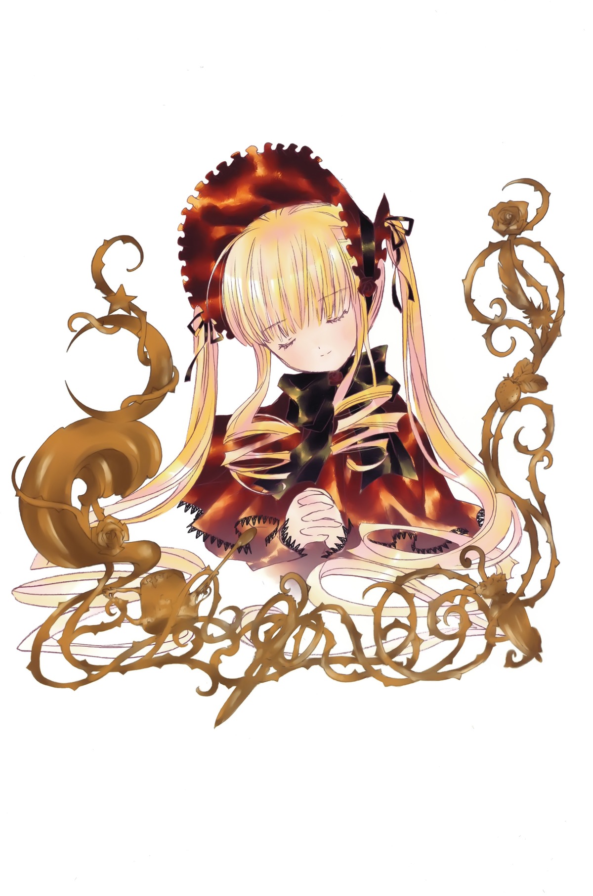 1girl blonde_hair bonnet bow closed_eyes dress image long_hair long_sleeves shinku simple_background solo twintails white_background