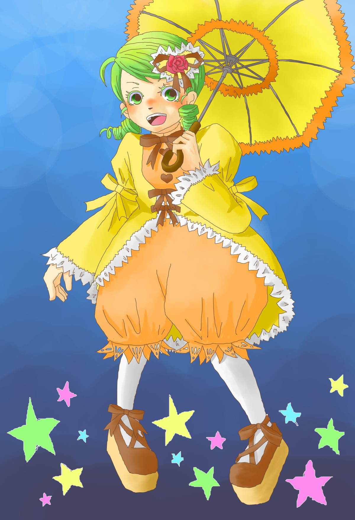 1girl bloomers drill_hair green_eyes green_hair image kanaria long_sleeves open_mouth parasol smile solo star_(symbol) star_print starry_background umbrella