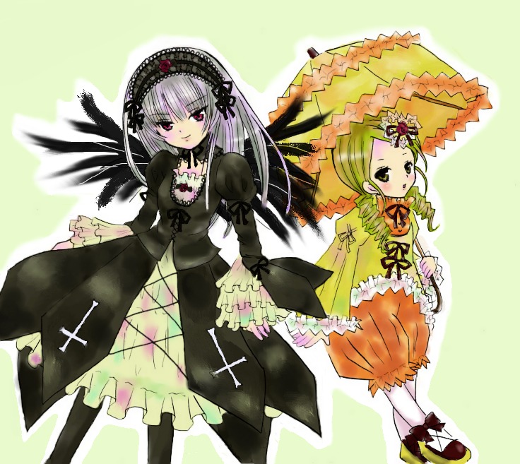 2girls blonde_hair dress drill_hair frills hairband image kanaria long_hair long_sleeves looking_at_viewer multiple_girls pair parasol pink_eyes shinku standing suigintou twin_drills umbrella wings