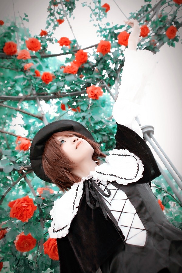 1girl blurry brown_hair capelet depth_of_field dress flower hair_over_one_eye hat lolita_fashion long_sleeves red_flower red_rose ribbon rose short_hair solo souseiseki