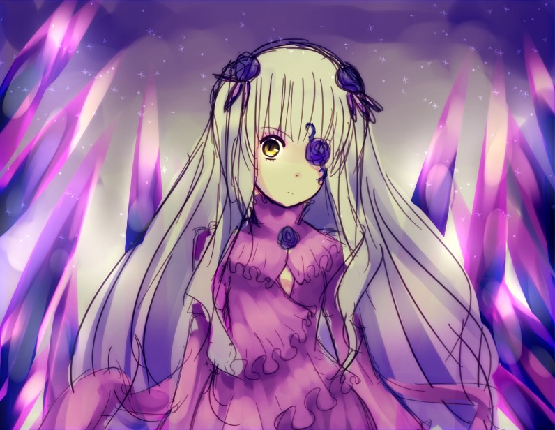 1girl barasuishou blonde_hair dress eyepatch flower hair_flower hair_ornament image long_hair looking_at_viewer purple_dress purple_flower rose solo very_long_hair wings yellow_eyes