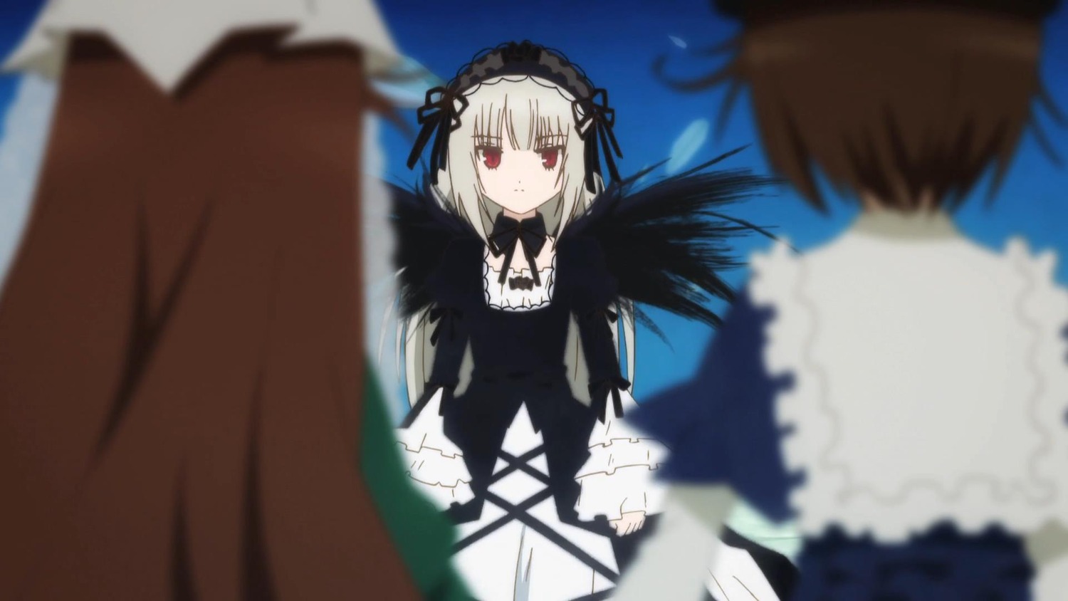 1boy 1girl black_dress black_wings blurry blurry_background blurry_foreground brown_hair depth_of_field dress frills gothic_lolita hairband image lolita_fashion lolita_hairband long_hair long_sleeves motion_blur multiple multiple_girls red_eyes ribbon solo_focus suigintou tagme wings