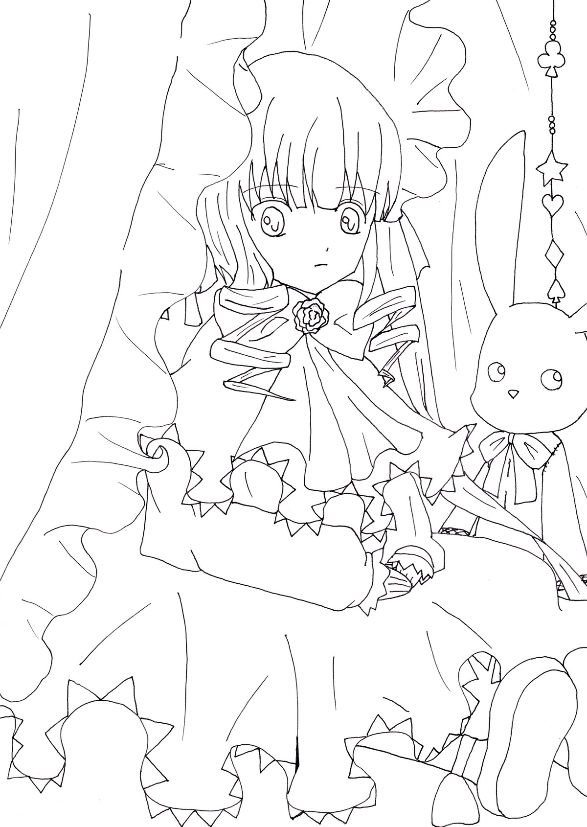 1girl bangs blush bow dress drill_hair frills greyscale image lineart lolita_fashion long_hair long_sleeves monochrome rose shinku solo twin_drills