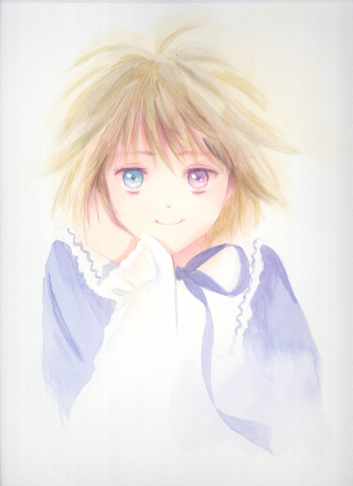 1girl bangs blonde_hair blue_eyes closed_mouth image long_sleeves looking_at_viewer ribbon short_hair simple_background smile solo souseiseki striped traditional_media upper_body vertical_stripes