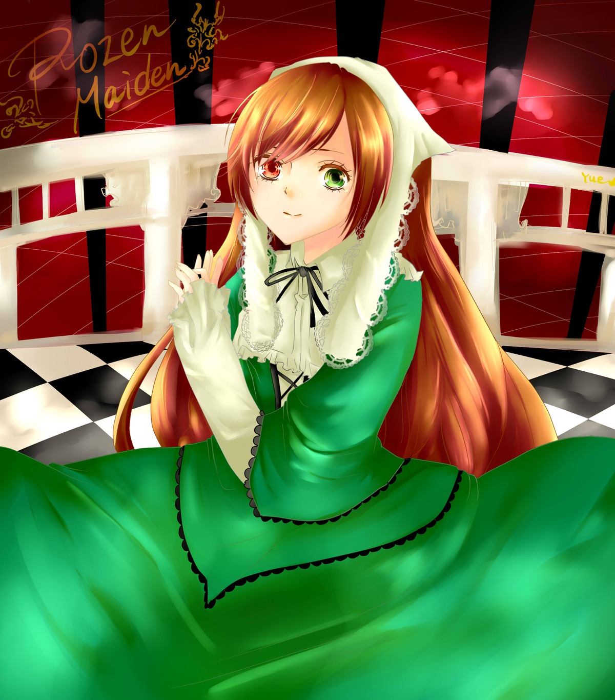 1girl argyle argyle_background brown_hair checkered checkered_background checkered_floor chess_piece dress green_dress green_eyes heterochromia image long_hair long_sleeves looking_at_viewer perspective red_eyes ribbon solo suiseiseki tile_floor tiles very_long_hair