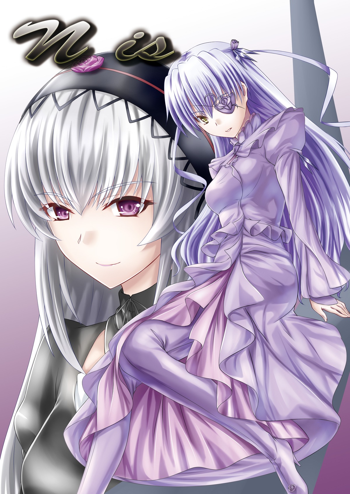 1girl barasuishou dress eyepatch image long_hair long_sleeves looking_at_viewer pair ribbon silver_hair smile suigintou yellow_eyes