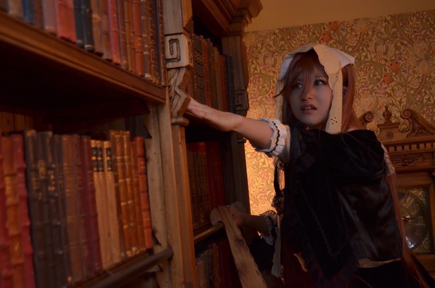 1girl blue_eyes bookshelf hood indoors library lips nun solo suiseiseki