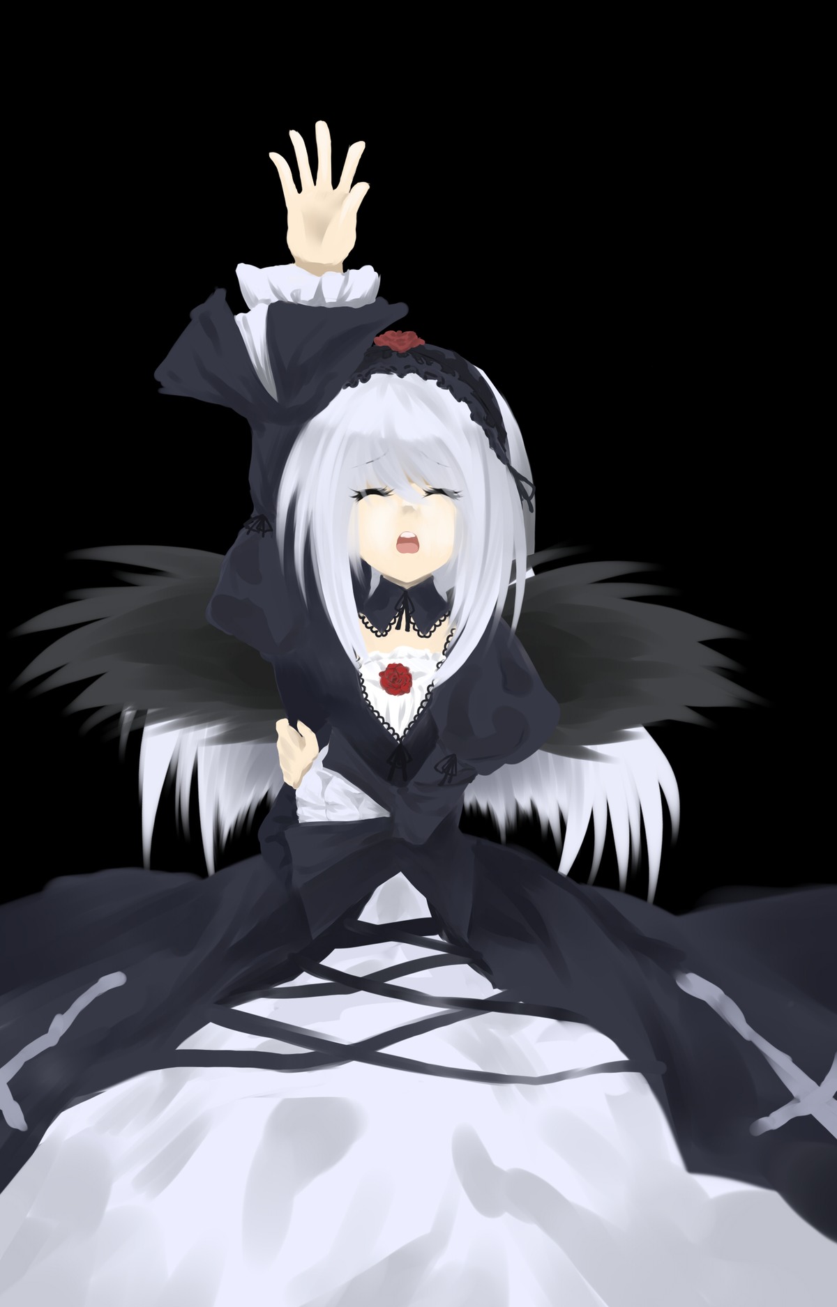 1girl black_dress black_wings closed_eyes dress feathers frills hairband image juliet_sleeves long_hair long_sleeves open_mouth ribbon silver_hair simple_background solo suigintou wings