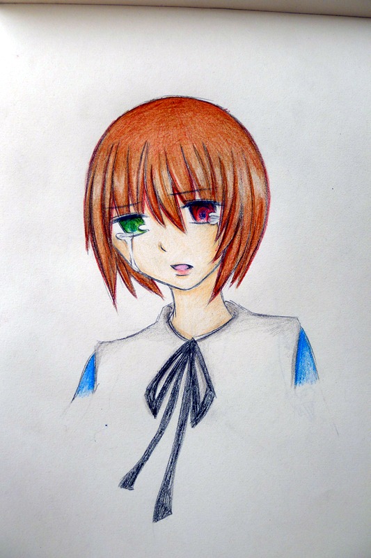 1girl blue_neckwear blue_ribbon green_eyes heterochromia image looking_at_viewer neck_ribbon red_eyes ribbon short_hair simple_background solo souseiseki traditional_media