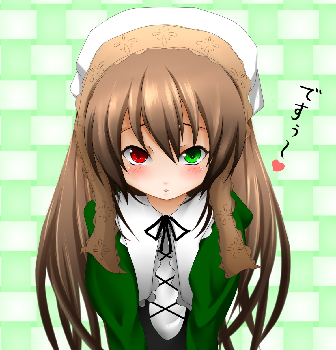 1girl bangs blush brown_hair commentary_request desu dress green_background green_dress green_eyes head_scarf heterochromia highres image long_hair long_sleeves looking_at_viewer maeda_kousuke red_eyes ribbon rozen_maiden solo suiseiseki twintails upper_body very_long_hair