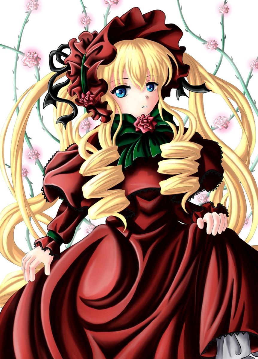 1girl blonde_hair blue_eyes blush bonnet bow bowtie dress drill_hair flower image long_hair long_sleeves looking_at_viewer red_dress shinku solo