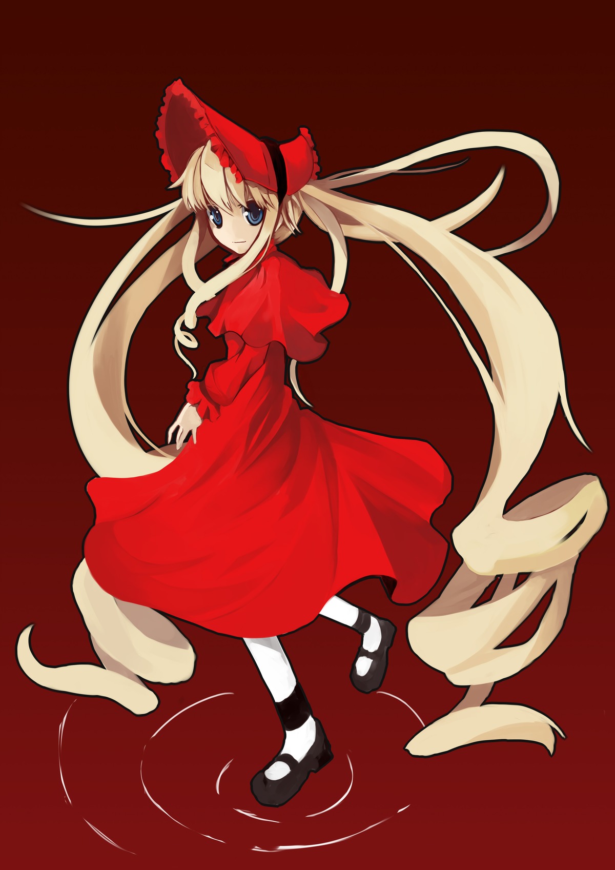 1girl black_footwear blonde_hair blue_eyes bow capelet dress full_body image long_hair long_sleeves looking_at_viewer looking_back mary_janes red_dress shinku shoes smile solo standing twintails very_long_hair