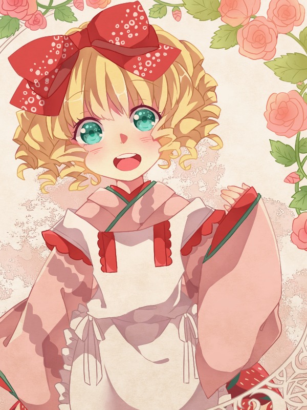 1girl apron aqua_eyes blonde_hair blush bow camellia flower green_eyes hair_bow hina_ichigo hinaichigo image open_mouth pink_flower pink_rose red_flower red_rose rose short_hair smile solo wide_sleeves