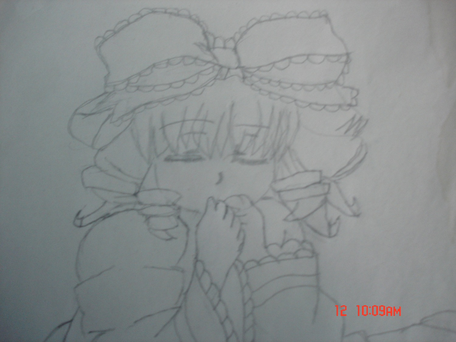 1girl bow frills hair_bow hakurei_reimu hinaichigo image kagiyama_hina long_sleeves monochrome solo traditional_media