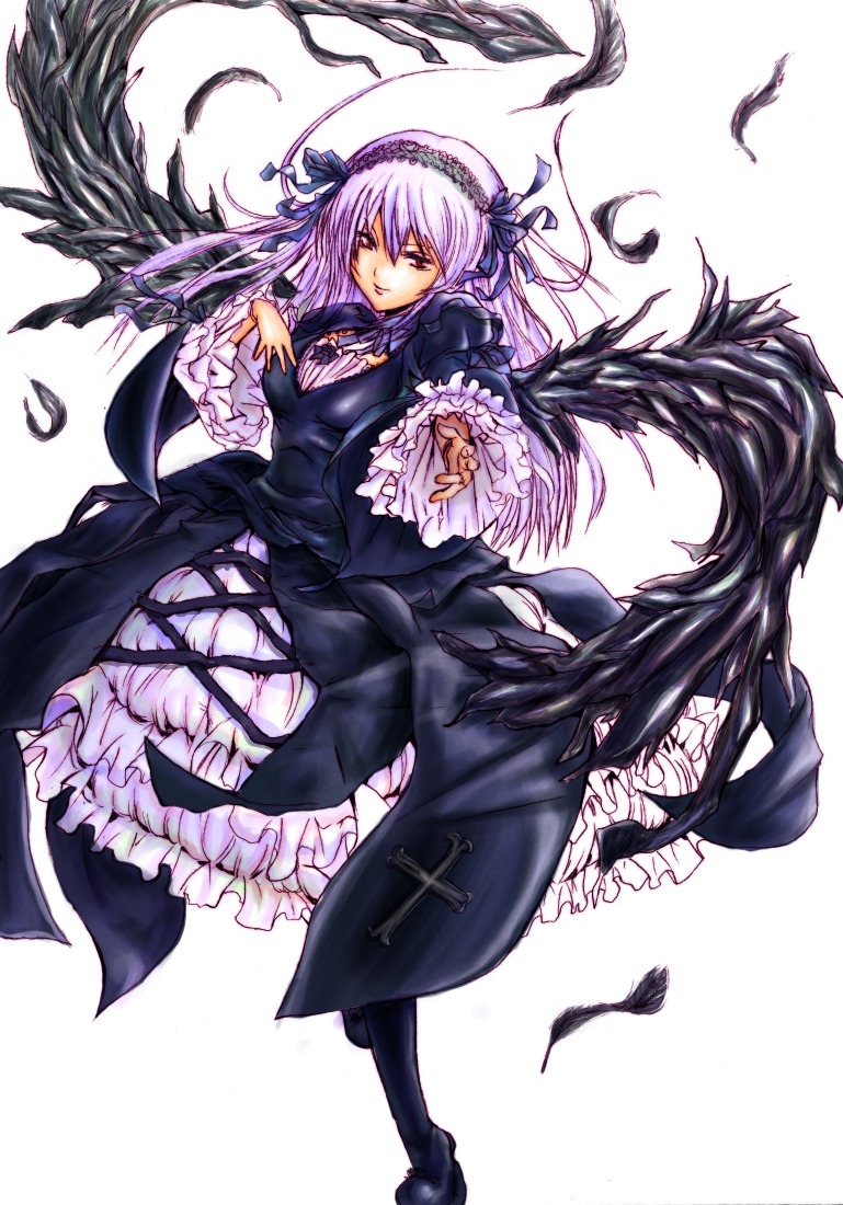 1girl black_wings dress feathers flower frilled_sleeves frills full_body hairband image long_hair long_sleeves looking_at_viewer ribbon rose solo suigintou wings