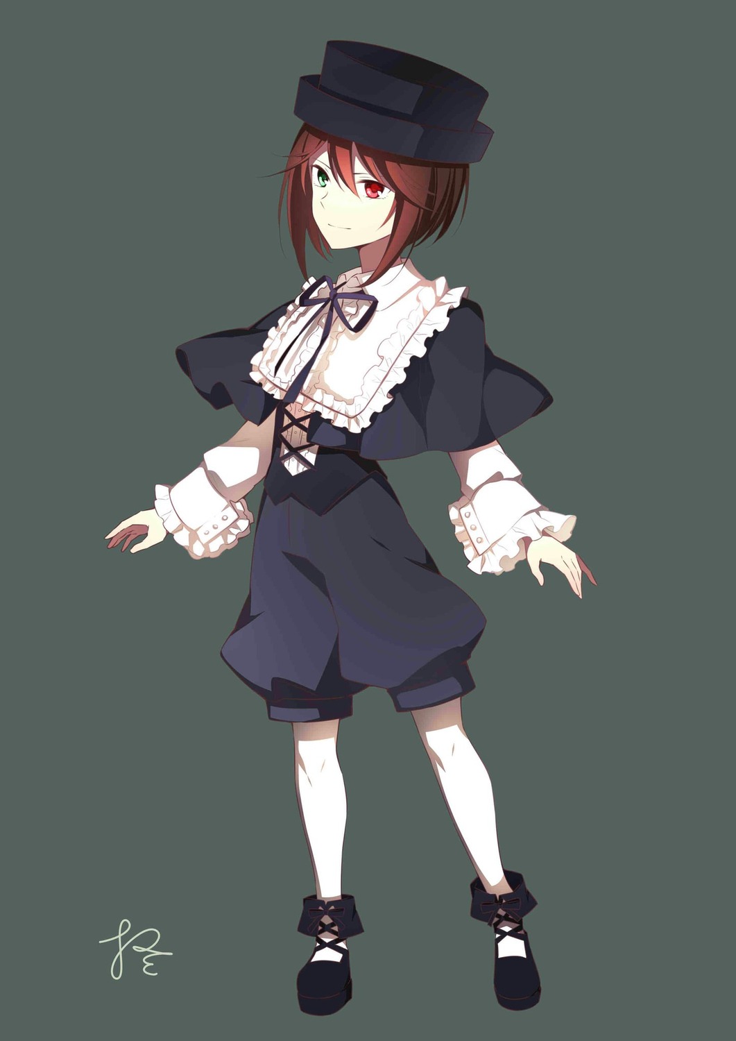 black_footwear bow brown_hair capelet frills full_body green_eyes hat heterochromia image long_sleeves looking_at_viewer pantyhose red_eyes short_hair shorts simple_background smile solo souseiseki standing white_legwear