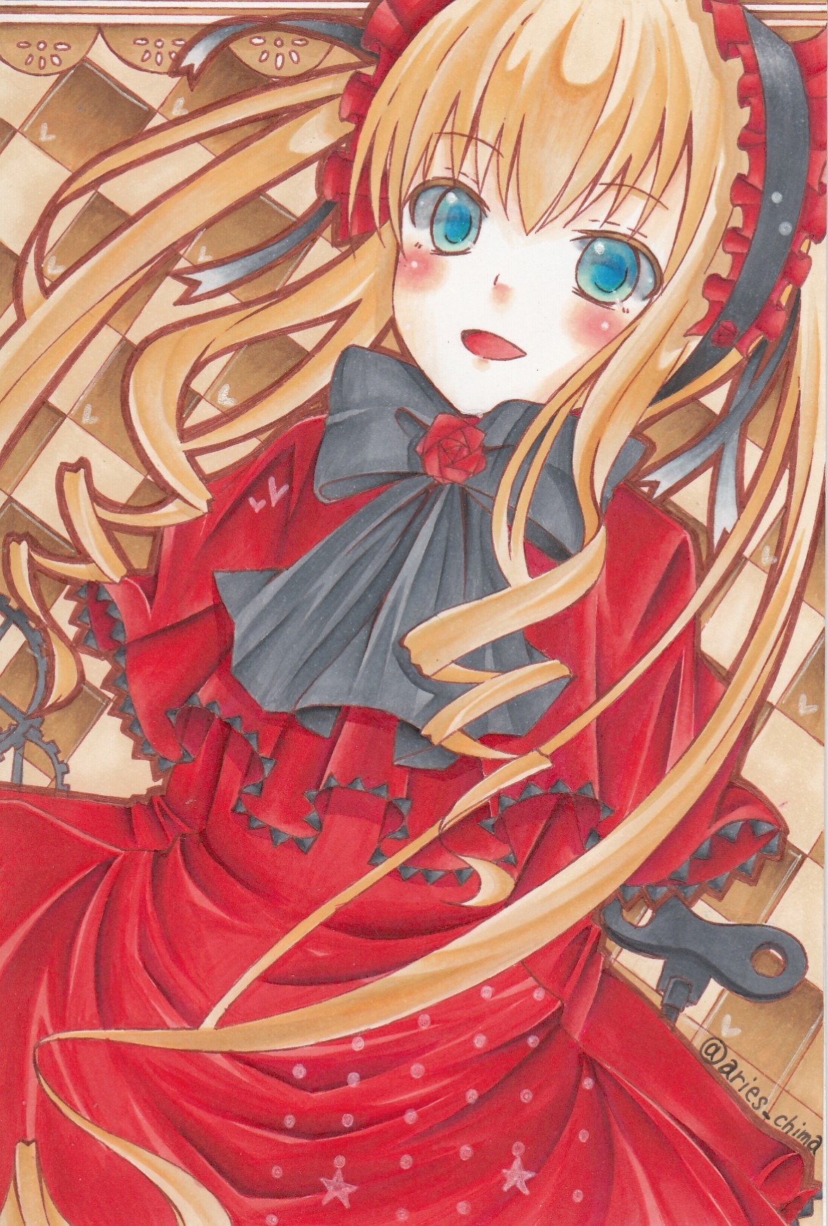 1girl blonde_hair blue_eyes blush bow capelet dress image long_hair marker_(medium) red_capelet red_dress shinku solo tongue traditional_media twintails