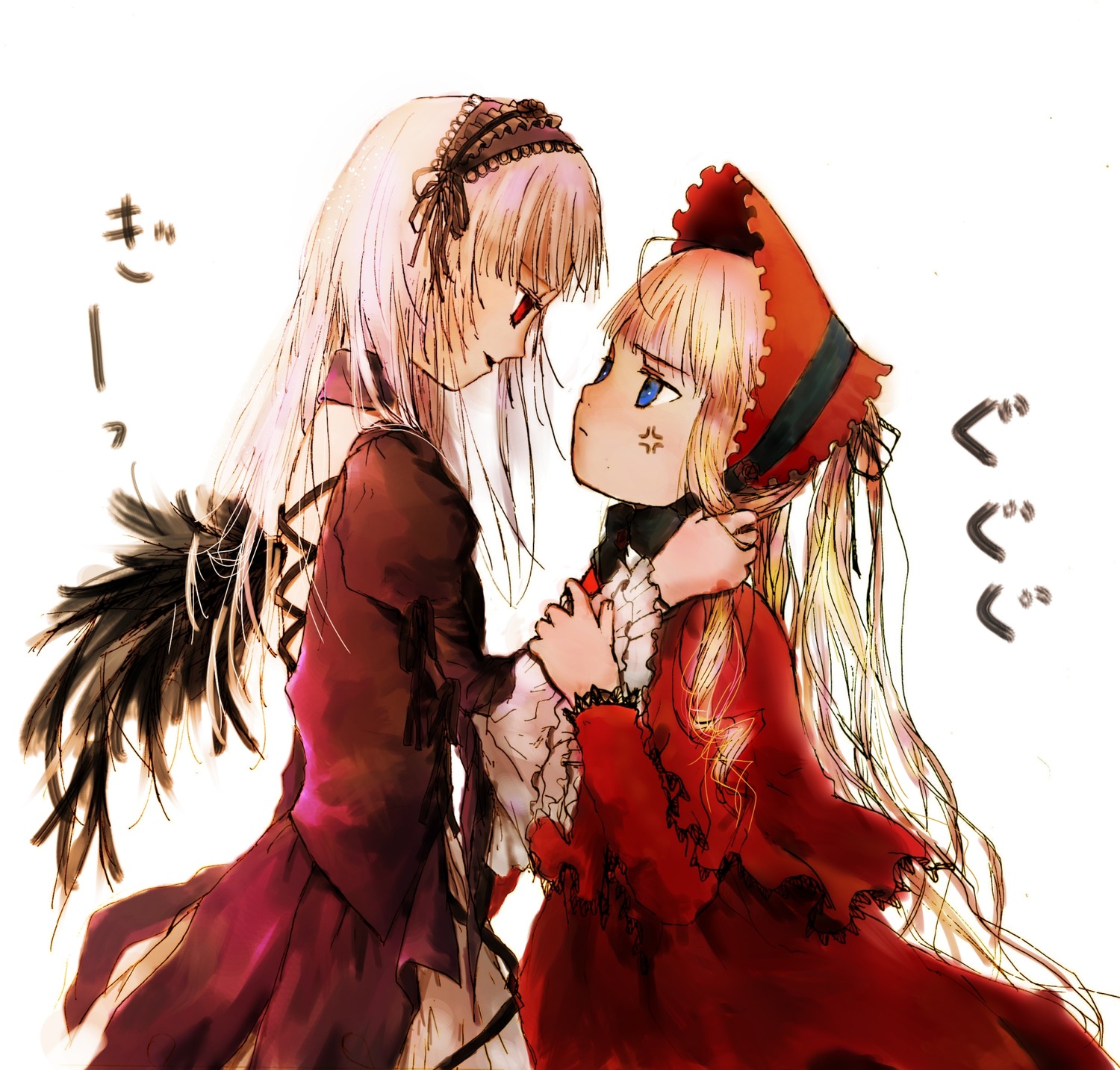 2girls black_wings blonde_hair blue_eyes dress eye_contact hairband image long_hair long_sleeves looking_at_another multiple_girls pair red_dress red_eyes shinku simple_background suigintou very_long_hair white_background wings