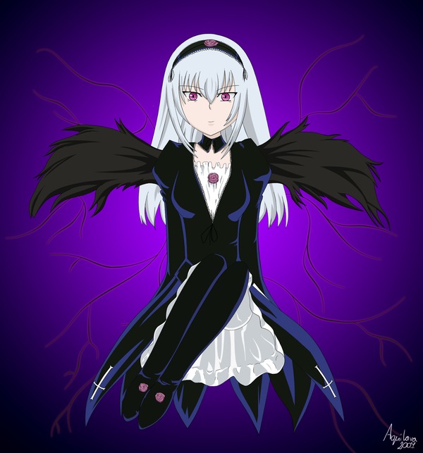 1girl black_wings dress frills hairband image long_hair long_sleeves looking_at_viewer pink_eyes purple_background silver_hair solo suigintou wings