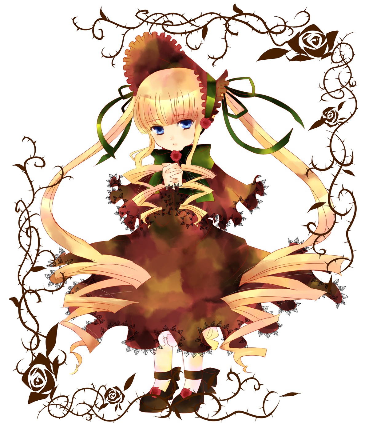 1girl blonde_hair blue_eyes bonnet bow bowtie dress flower full_body green_bow image long_hair long_sleeves looking_at_viewer red_dress rose shinku sidelocks solo twintails very_long_hair