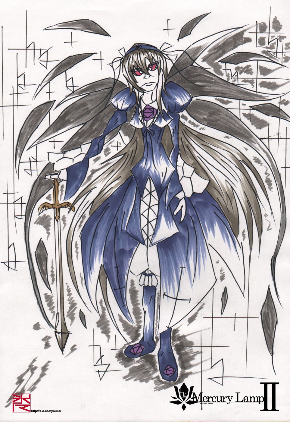 1girl choker dress full_body image long_hair red_eyes ribbon solo suigintou wings